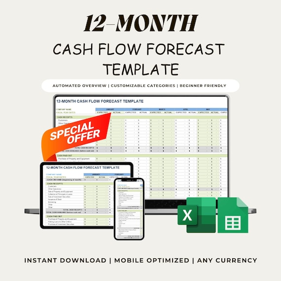 12-Month Cash Flow Forecast Template | Automated Small Business Budget Tracker (Google Sheets)