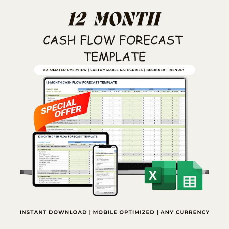 A laptop displaying a 12-month cash flow forecast spreadsheet in Google Sheets. A red special offer banner sits in the corner. Text highlights key features: automated overview, customizable categories, beginner friendly, instant download, mobile optimized, and compatible with any currency.