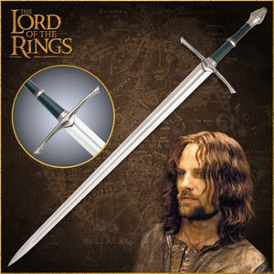 May include: A long, silver sword with a green and silver handle, as seen in the Lord of the Rings. The sword has a cross-shaped hilt and a pointed tip. The image also features the text "THE LORD OF THE RINGS".
