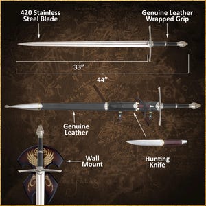 May include: A stainless steel sword with a 33-inch blade and a 44-inch overall length. The sword features a genuine leather-wrapped grip and comes with a matching sheath and a hunting knife. Includes a wall mount.