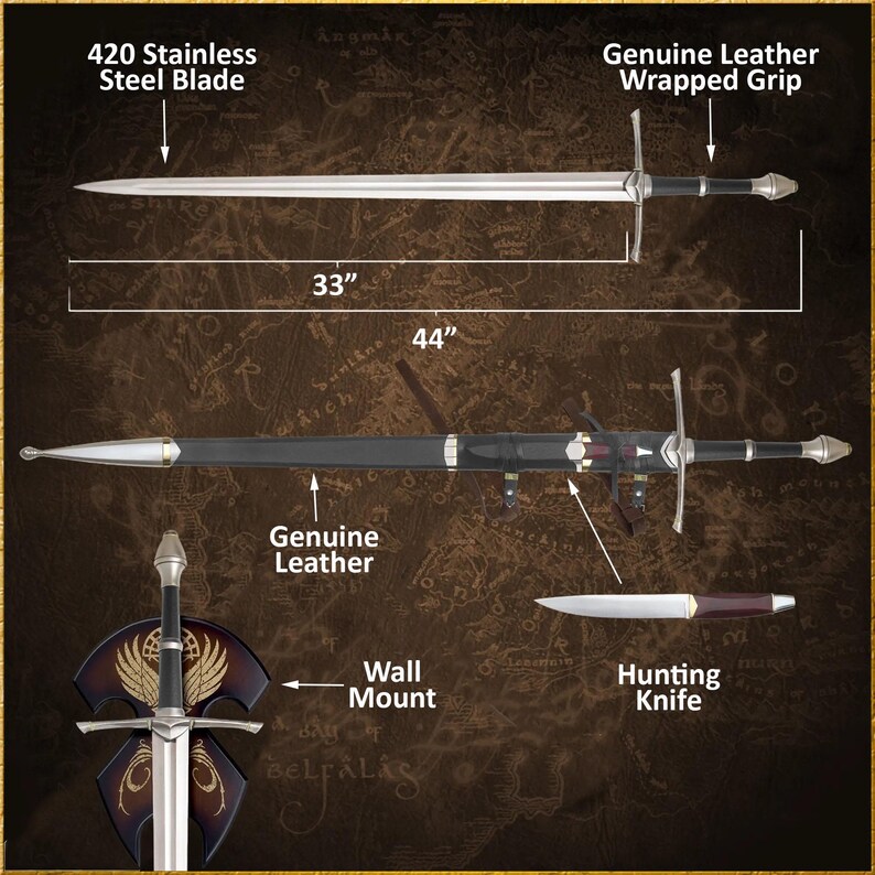 May include: A stainless steel sword with a 33-inch blade and a 44-inch overall length. The sword features a genuine leather-wrapped grip and comes with a matching sheath and a hunting knife. Includes a wall mount.