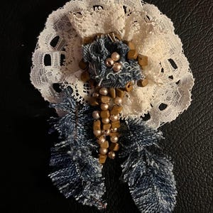 Fabric Brooch - Lace, Denim, and Beads