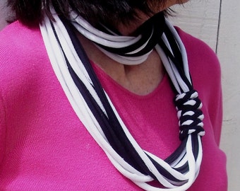 T-shirt Necklace/Infinity Scarf and Bracelets - black & white, recycled