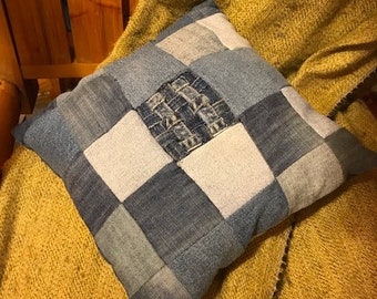Denim Patchwork Pillow - Upcycled from Blue Jeans