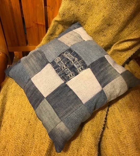 Denim Patchwork Pillow - Upcycled from Blue Jeans