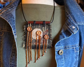 Fabric Necklace - Multi-media with Embroidery and Beading