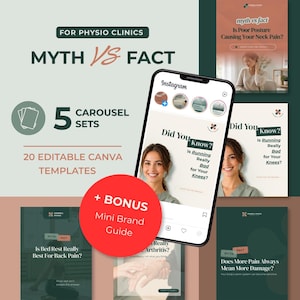 May include: A digital collection of 5 carousel sets and 20 editable Canva templates for physio clinics. The display features a smartphone showing an Instagram feed with health-related text, including Myth vs Fact and Did You Know, plus a bonus mini brand guide.