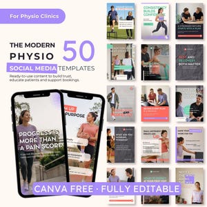 May include: A collection of 50 social media templates for physio clinics, featuring two smartphones displaying exercise content and various rectangular graphics with text overlays, photography of people exercising, and purple accents.