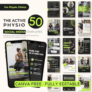 May include: A collection of 50 social media templates for physio clinics, featuring black, white, and lime green color schemes. The designs include photographs of people exercising, bold text overlays, and instructional lists for sports rehabilitation.