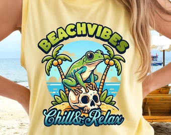 Camiseta sin mangas Beach Vibes Frog Skull Chill & Relax / Summer Surf Island, camiseta de vacaciones de verano, camiseta para hombre, camiseta para mujer, camiseta de moda con estampado de rana