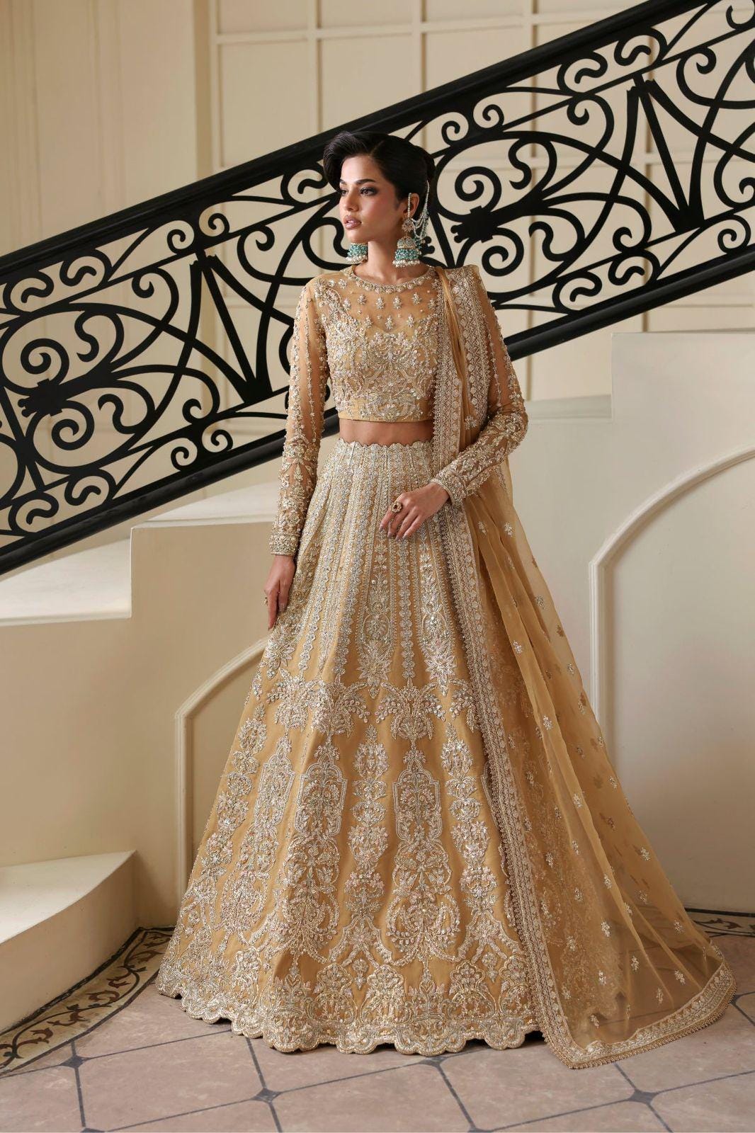 gold walima dress Stunning Pakistani Bridal Rose Gold Lehenga Frock Dress Large main image 1