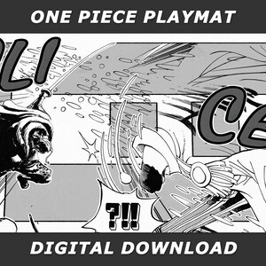 May include: A black and white One Piece playmat with a manga-style illustration of a battle scene. The word "SLICE" is displayed, along with the text "DIGITAL DOWNLOAD". The playmat is rectangular.
