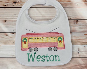 Personalized bib with streetcar applique, personalized baby bib, streetcar bib, baby bib, new Orleans bib, Christmas gift,  new orleans bib