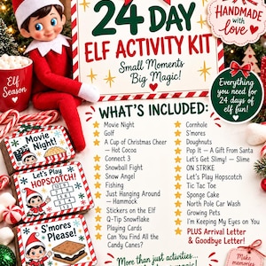 May include: A 24-day elf activity kit featuring a red-clothed elf doll, a sign titled 24 Day Elf Activity Kit, and a list of included games like Movie Night, Hopscotch, and S'mores. The kit includes cards, letters, and various festive activity items.