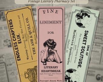 Literary Apothecary Bookmarks | Vintage Pharmacy Labels (Instant Download)
