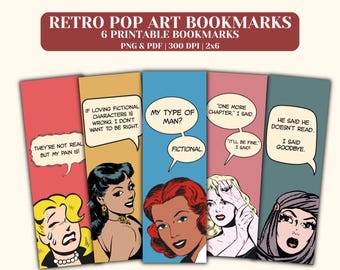 Printable Retro Bookmarks | Vintage Comic Bookmark Set | Book Lover Gift | Funny Bookish Quotes | Pop Art Reading Accessories