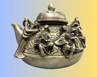 Vintage Tibetan Silver Teapot, Eight Immortals Relief Cloud Pattern Oriental Decor Kettle