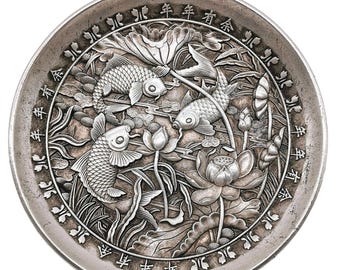 Vintage Tibetan Silver Koi Fish Plate, "Nian Nian You Yu" Feng Shui Decor
