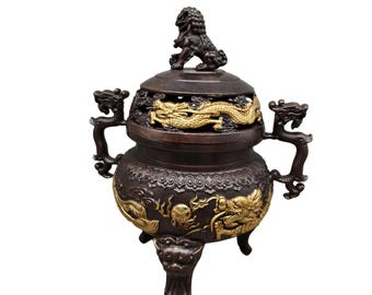 Vintage Bronze Gilded Dragon Foo Dog Incense Burner, Chinese Feng Shui Decor
