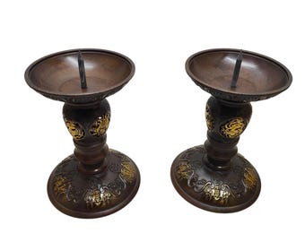 Pair Bronze Gilded "Five Blessings" Candlesticks, Chinese Feng Shui Holders