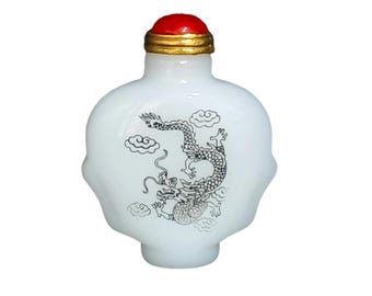 Vintage White Glass Dragon Snuff Bottle, Chinese Imperial Luck Art