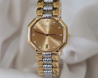 RARE Christian Dior Octagon Gold Plated Diamond Hour Marker Lady's
