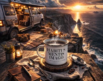 Taza de esmalte Habitus Mentis Imago — La actitud es un reflejo de la mente.