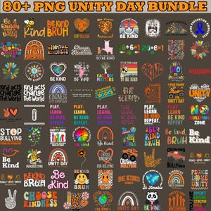 May include: A collection of over 80 PNG graphics with themes of kindness, anti-bullying, and unity. Designs include text like "Be Kind," "Choose Kindness," and "Unity Day," along with various illustrations and symbols.