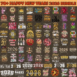 以下が含まれることがあります： 70以上のハッピーニューイヤー2026のデザインコレクション。デザインは、金、赤、黒など、さまざまなフォント、グラフィック、色を使用しています。テキストには、「新年おめでとう」、「新年おめでとう」などのフレーズが含まれています。