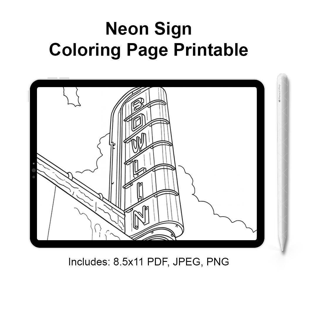 Printable Bowling Sign Coloring Page: Retro Neon, Vintage Bowling Alley ...