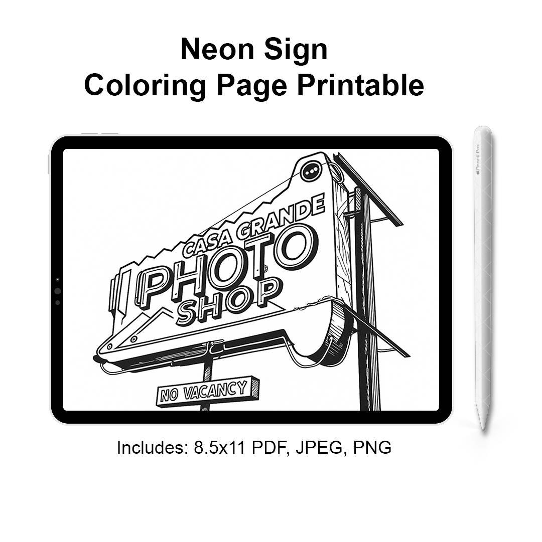 Printable Photo Shop Sign Coloring Page: Retro Neon, Vintage Storefront ...
