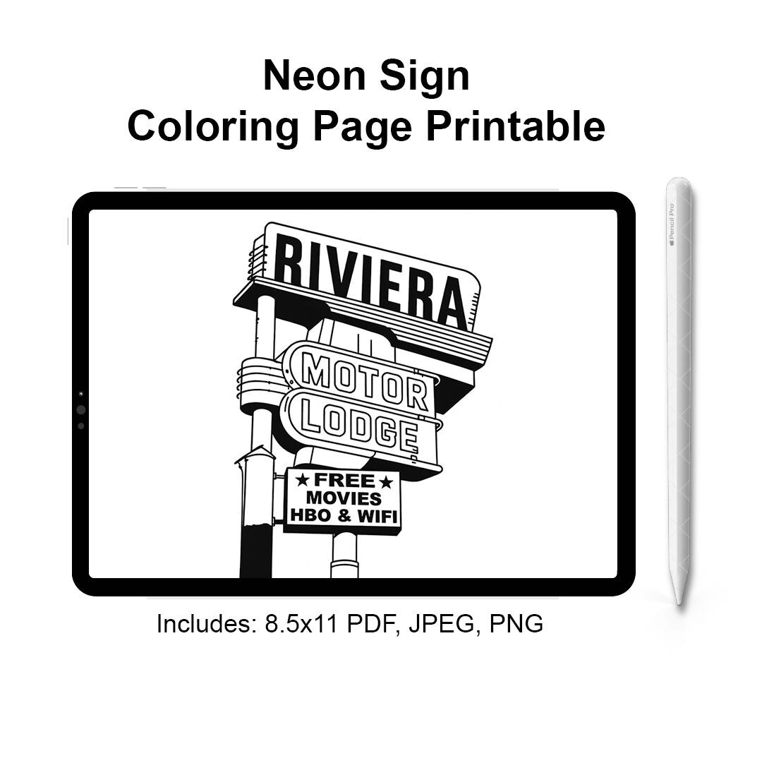 Printable Riviera Motor Lodge Sign Coloring Page: Retro Motel, Vintage ...