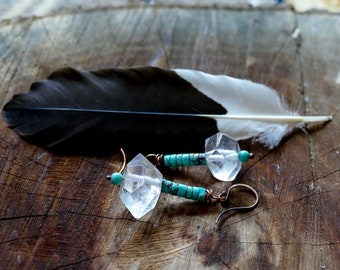 CRYSTAL WAVES, Turquoise Crystal Quartz dangle earrings, hand forged, copper