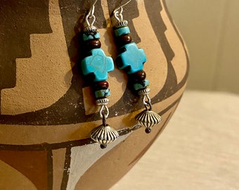Turquoise Cross Earrings, dangle, small earrings, beaded, silver, Gift for her