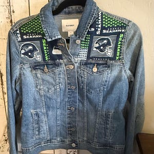 Upcycled Seattle Seahawks denim jacket women’s size small