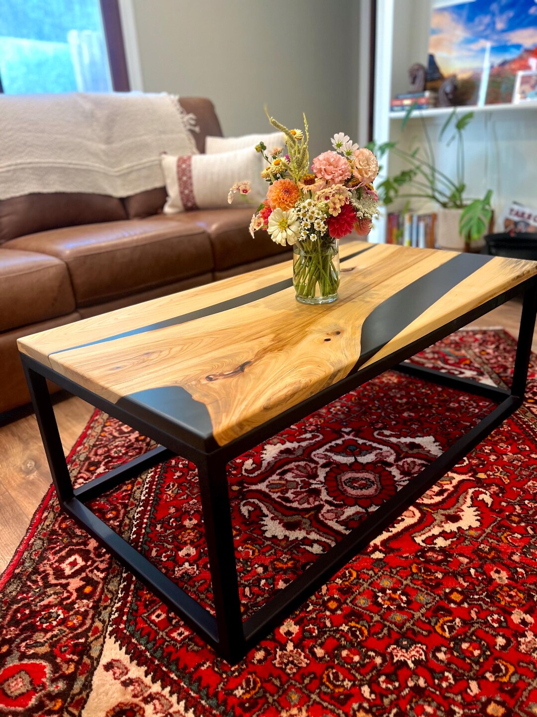 Custom Elm Wood Coffee Table: Black Epoxy & Steel Frame - Etsy