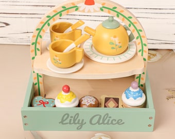 Personalized Wooden Tea Party Play Set ，Custom name tea set toy，Gift for Girls，Toddlers Birthday Gift，Toys for babies
