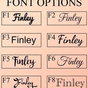 May include: Image displaying font options for the name "Finley". The text "FONT OPTIONS" is at the top. Eight different font styles are shown, each within a rectangular box, labeled F1 through F8. The background is a light peach color.