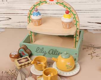 Personalized Wooden Play Tea Set, Custom Name Kids Kitchen Toy, Birthday Gift for Girl