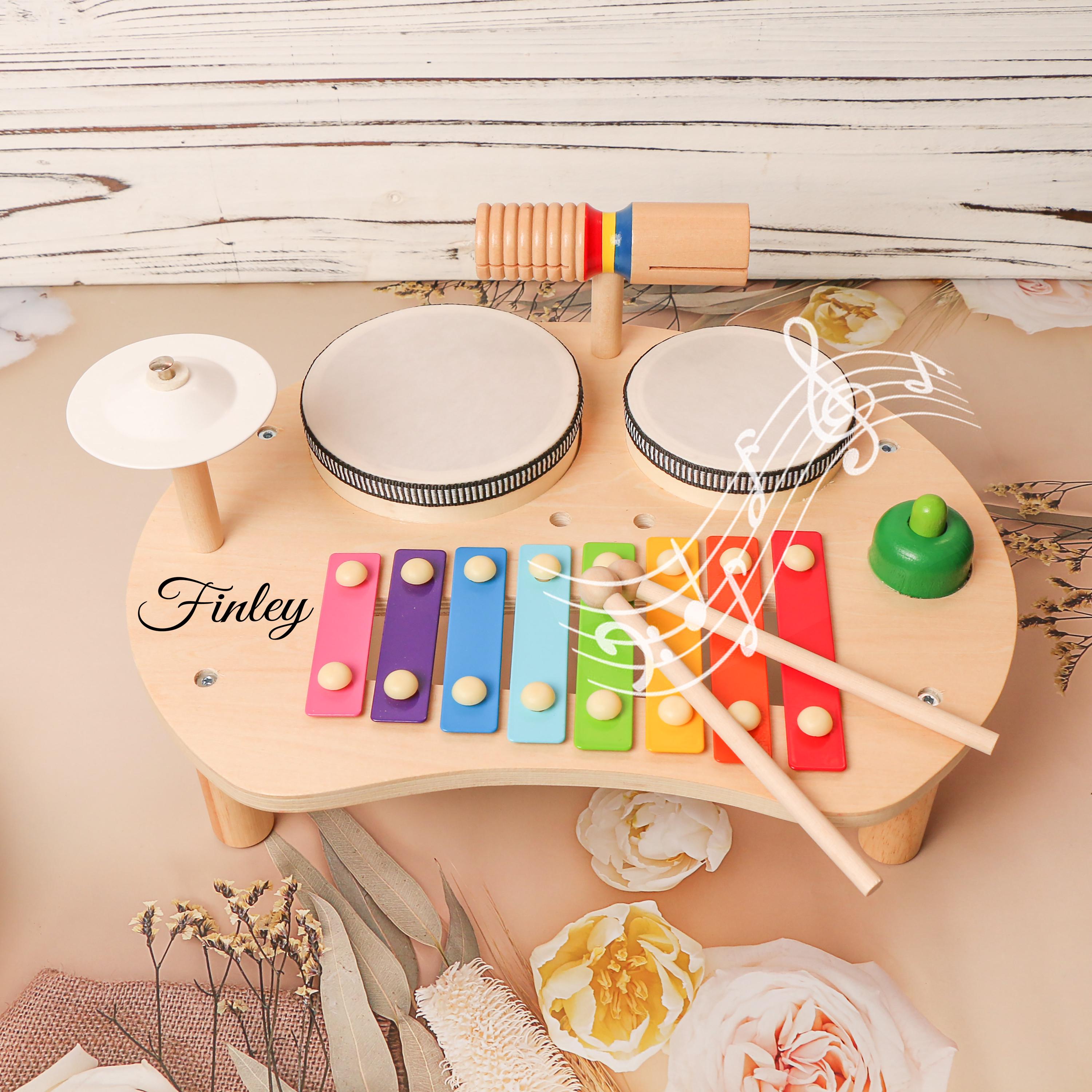 Personalized Wooden Piano Drum Toy: Montessori Musical Instrument, Baby