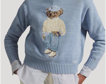 Polo Bear Ralph Lauren Embroidered Cotton || Sky Blue Sweater Handmade