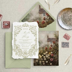 Vintage Romantic Wedding Simple Invitation Template, Green Frame Garden Wedding Invitation Set, Antique Floral & Baroque Design, Canva edit