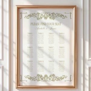 Vintage Romantic Wedding Seating Chart Template - Green Garden Antique Floral & Baroque Inspired Aesthetic - Digital Download