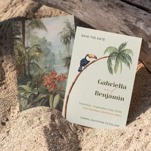 Tropical Retro Wedding Save the Date Template, Beach & Destination Weddings, Hand Drawn Illustrations, Coastal Weddings, Editable Templates