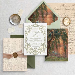 Vintage Romantic Wedding Simple Invitation Template, Green Frame Garden Wedding Invitation Set, Antique Floral & Baroque Design, Canva edit