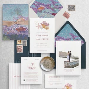 Coastal Ocean Wedding Invitation Suite Template, Marine Sea Invite Set Cards editable in Canva, Coral, Beach & Seashell Aesthetic Design