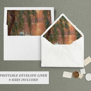 May include: Two white envelopes with custom liners featuring an impressionist painting of white swans on a lake surrounded by weeping willow trees at sunset. The text PRINTABLE ENVELOPE LINER 9 SIZES INCLUDED is visible at the bottom of the image.