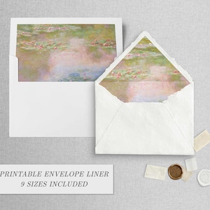 May include: Two white envelopes with a watercolor painting of water lilies inside. The painting features pink, green, and blue hues. The text at the bottom reads "PRINTABLE ENVELOPE LINER 9 SIZES INCLUDED."