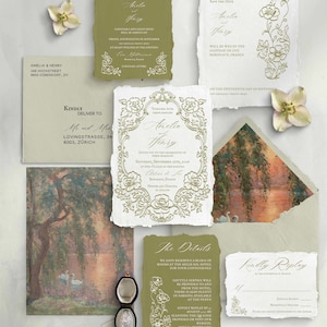 Puede incluir: Elegante conjunto de invitaciones de boda en verde oliva y blanco, con detalles florales. Incluye invitaciones, tarjetas de confirmación y sobres. También hay una pintura y un joyero.