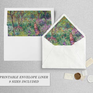 Puede incluir: Dos sobres blancos con un diseño floral impreso en el interior. El diseño presenta un camino de jardín con árboles, flores y un sendero. El texto en la parte inferior dice "PRINTABLE ENVELOPE LINER 9 SIZES INCLUDED."